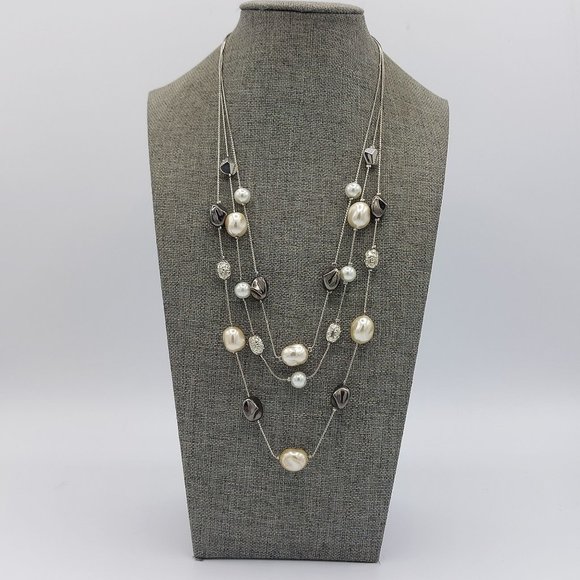New York Necklace Silver Toned Satellite Beads Chain Faux Pearl Triple Strand - Picture 1 of 9